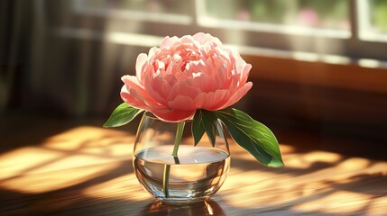 Pink Peony in Vase, Sunlight Through Window
