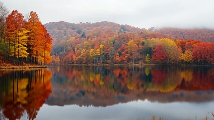 Vibrant autumn foliage reflects on tranquil lake with misty mountains in the background during serene fall afternoon - Powered by Adobe