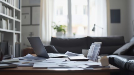 Retirement financial stress in a minimalist living room. Featuring worry and planning