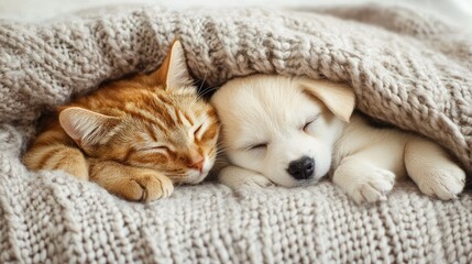 A cozy scene of a kitten and a puppy napping together under a warm blanket