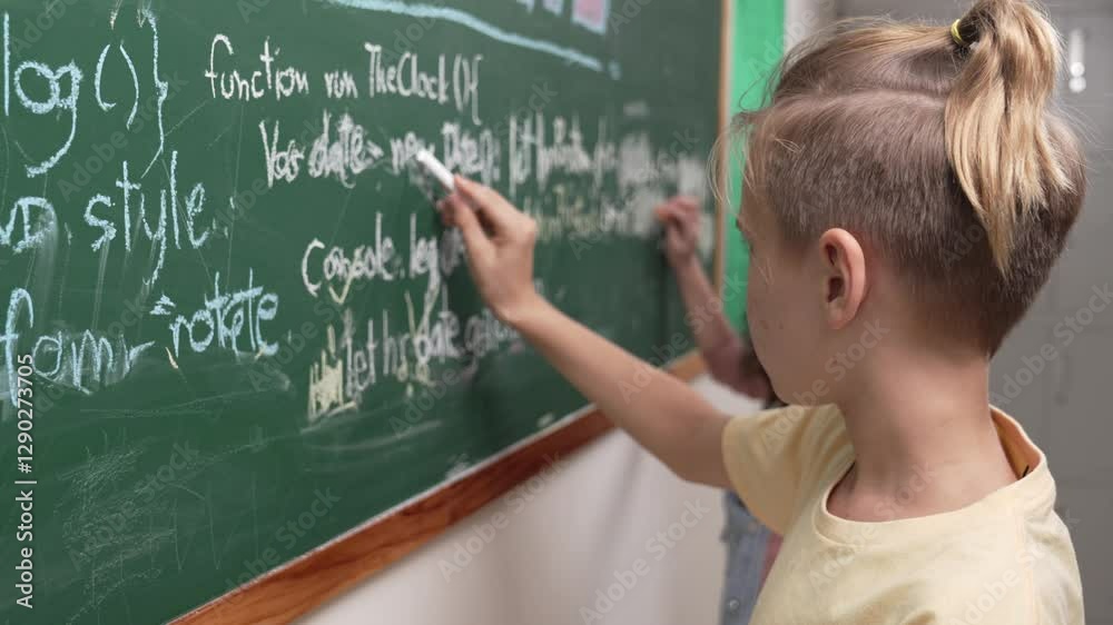 Poster diverse student studying coding engineering prompt while writing answer on blackboard. intelligence 