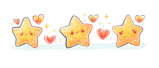 Whimsical Starry Romance: A delightful illustration featuring three smiling stars, each with a unique expression, surrounded by glowing hearts, exuding charm and playfulness.