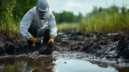 Environmental worker conducting soil testing in a wetland area after a contamination incident