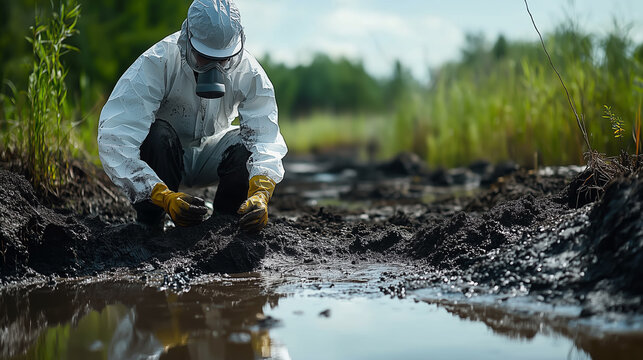 Environmental worker conducting soil testing in a wetland area after a contamination incident