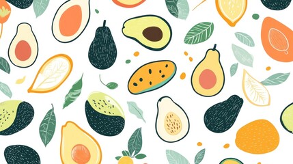 Seamless pattern Avocados, oranges, citrus slices on white background for decoration