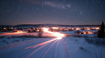 Fototapeta premium Starry Night Road Trip in Snowy Village