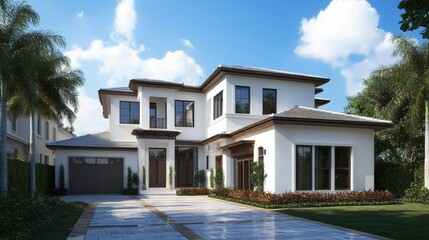 A modern suburban house with a white facade, brown trim, and a spacious driveway under a blue sky