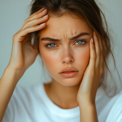Naklejka premium Striking portrait of a beautiful woman expressing distress and pain while holding her forehead, isolated in a minimalist setting with high-key lighting