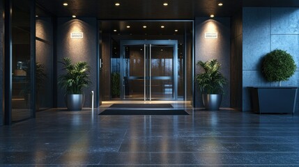 Fototapeta premium A professional business entrance with a brushed metal signage plate mounted on a dark wall