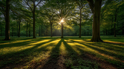 Fototapeta premium Sunlight filters through forest canopy, casting shadows