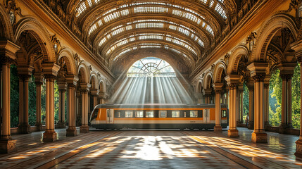 Obraz premium Sunlit Train in Ornate Train Station