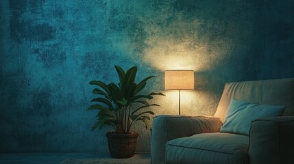 A soft blue textured wall, a beige armchair in neutral tones, and a warm night light creating a cozy room ambiance.