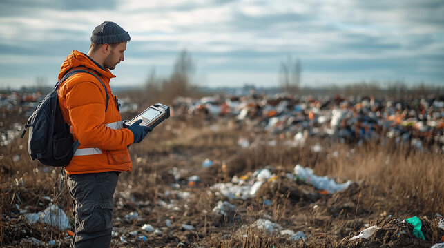 Worker conducts waste management assessment in urban landfill wearing safety gear on a cloudy afternoon