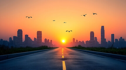 Naklejka premium Sunrise city road birds