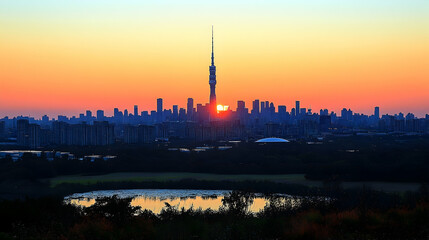 Naklejka premium Sunrise over cityscape silhouette
