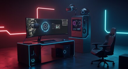 Ultimate Gaming Setup with Dual Monitors, VR Headset, and Neon Lights