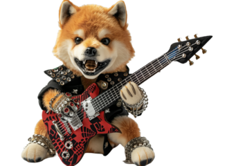 Adorable Shiba Inu Plush Rocking Out on Electric Guitar with transparent background