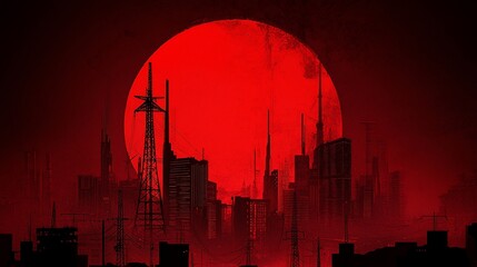 Red moon over dystopian industrial city.