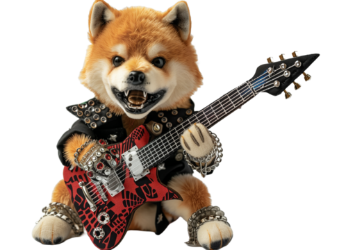 Adorable Shiba Inu Plush Rocking Out on Electric Guitar with transparent background