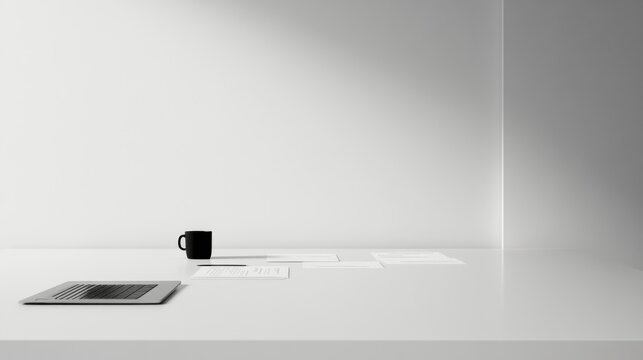 Retirement financial stress in a minimalist office space. Featuring contemplation and concern