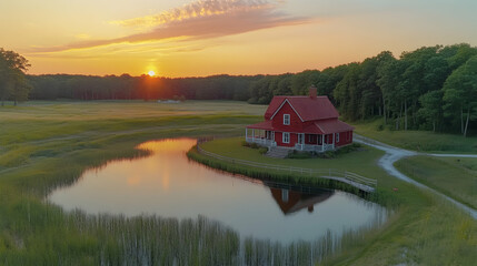 Fototapeta premium Sunset over red house by pond, rural landscape