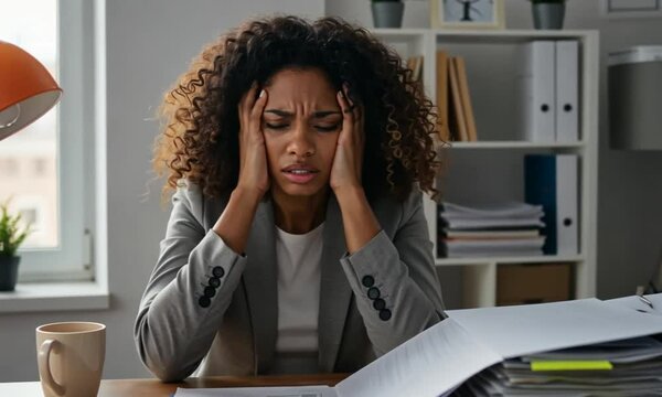 Stressed businesswoman in office, overwhelmed by paperwork, seeking solutions