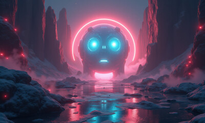 Obraz premium Neon Robot in Alien Landscape - Cyberpunk