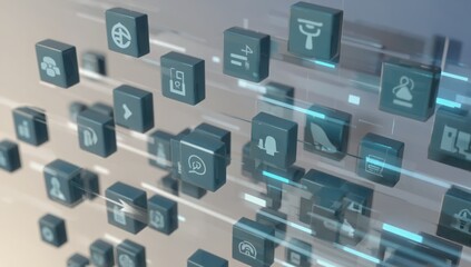 Abstract digital icons, overlapping, in motion