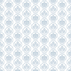 The fabric features a repeating, symmetrical floral motif in light blue and white on a beige background, with intricate and elegant ornamental designs suitable for various decorative purposes.