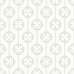This fabric pattern features a light beige background, light blue accents and intricately symmetrical floral patterns, perfect for adding elegance to wallpaper, fabric or other decor.