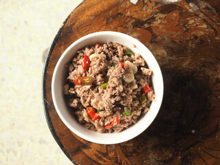 top view Thai minced pork chili dip