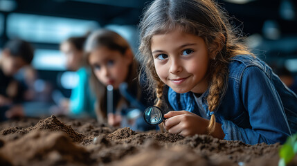 Children engaging in an interactive science activity examining soil samples under magnifying glasses in a bright classroom setting