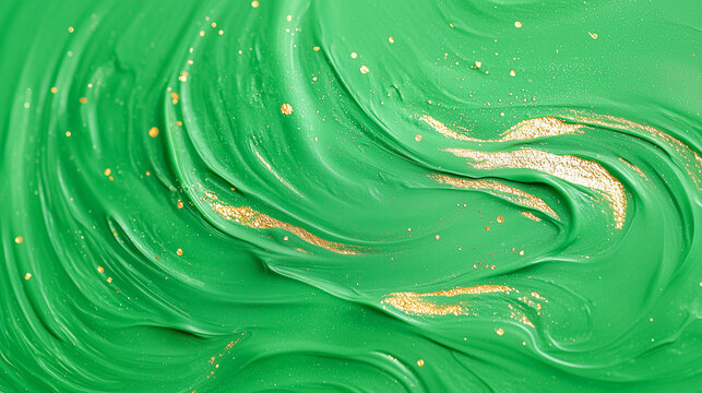 Luxurious emerald fluid with scattered golden flecks, resembling a magical elixir