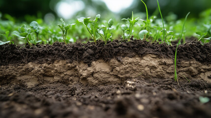 Fototapeta premium Seedlings thrive in rich soil during spring growth, showcasing early agriculture practices in a lush garden environment