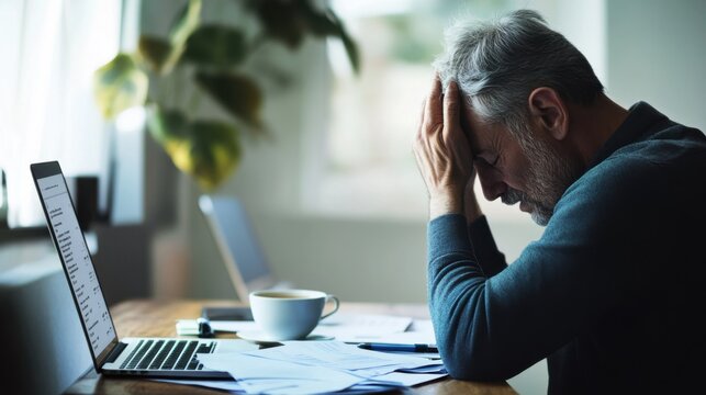Retirement financial stress in a minimalist office. Featuring concern and planning