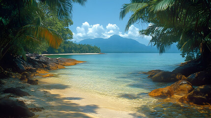 Tropical beach cove, sunlit turquoise water, lush palms