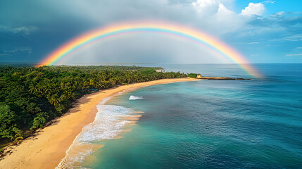 Tropical beach rainbow aerial view