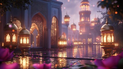 Magical Evening Scene with Ornate Lanterns and Reflections in Water
