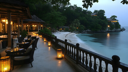 Obraz premium Tropical beachside restaurant at twilight