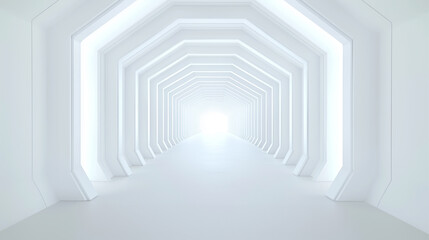 Fototapeta premium A futuristic white corridor with symmetrical hexagonal frames and glowing depth