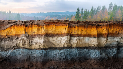 Geological layers display at a construction site near a forest during early morning hours in a calm and serene environment