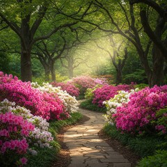 Winding garden path lined with blooming azaleas, illuminated by dappled sunlight through trees.