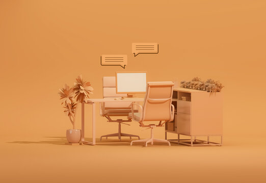 Minimal Office Desk with bubble talk in Pastel orange brown Trend color 2025. Stylish Workplace, Teamwork. Mockup Template, 3D Rendering.