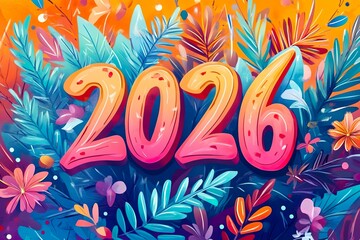Vibrant 2026 Typography with Tropical Floral Background