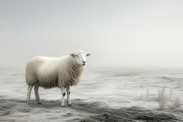 Fototapeta premium A sheep stands in a field shrouded in heavy fog