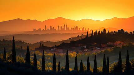 Obraz premium Tuscan Sunrise Over Cityscape Mountains