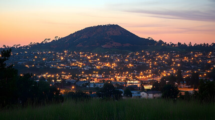 Twilight view of lit city nestled at base of hill