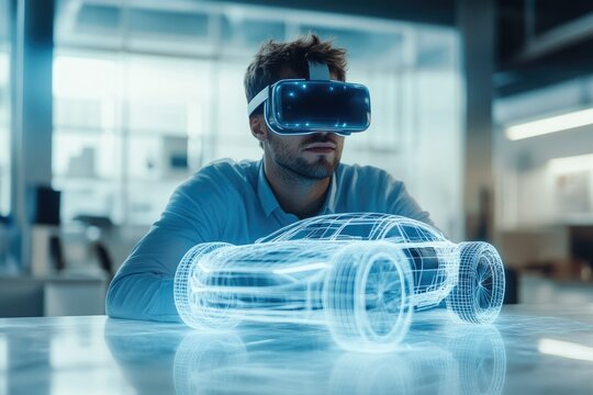 A man wearing a VR headset designs a car's 3D model using virtual reality technology.