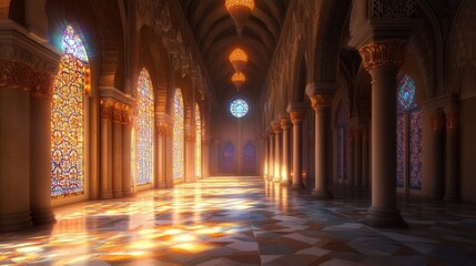 Obraz premium Majestic Hall with Colorful Stained Glass and Elegant Columns