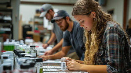Students engage in a hands-on research project in a science lab focused on analyzing specimens and collecting data in a collaborative environment